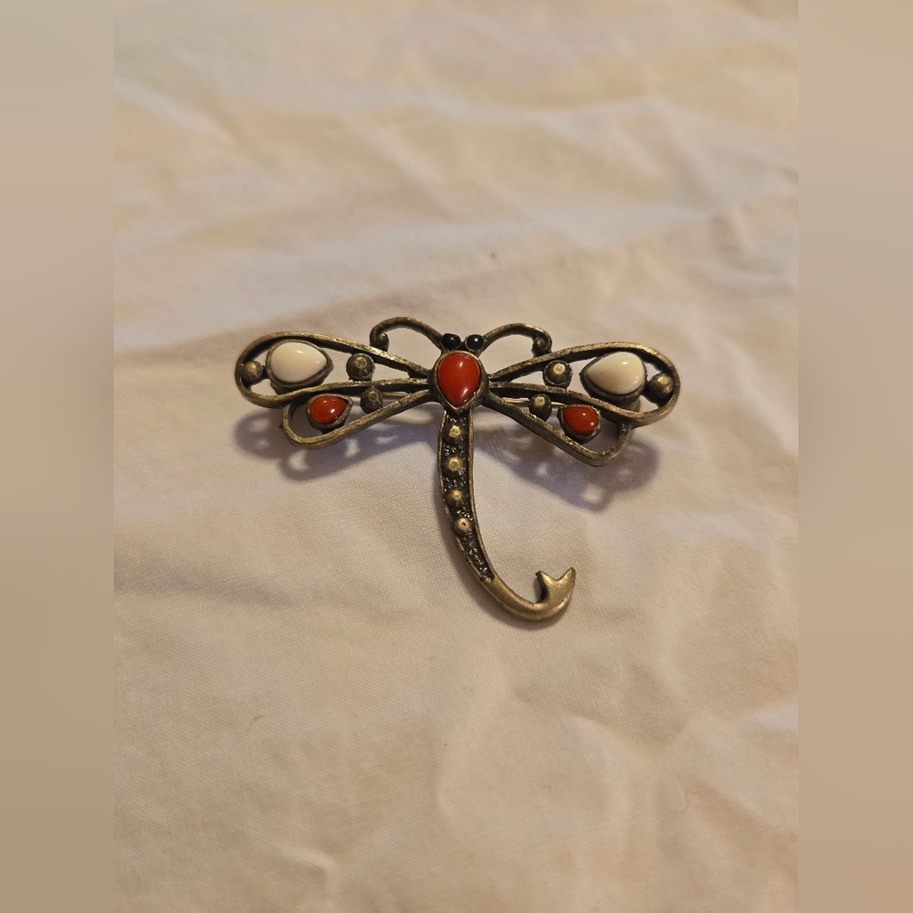 Vintage MCM Brass Enamel Dragonfly Brooch